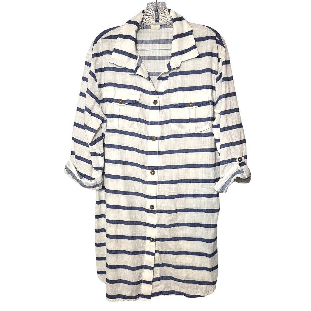 Dotti Striped Button Down Shirt‎ Dress/Swim Coverup Roll Tab Sleeve Medium Beach